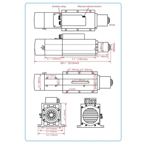 Heavy Duty 4.5KW ATC CNC Router Spindle With BT30 Mount And 24000RPM High Speed Air Cooled Body technical drawing with dimensions.