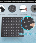 Close-up of 12 inch oil rubbed bronze wall mount shower system with square rain shower head and anti-blocking nozzles