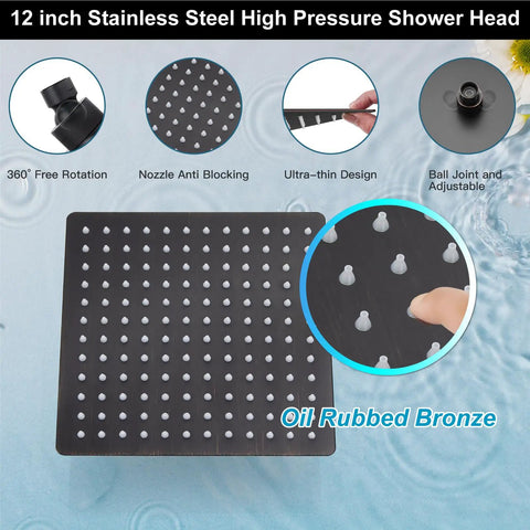Close-up of 12 inch oil rubbed bronze wall mount shower system with square rain shower head and anti-blocking nozzles