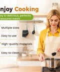 Woman using Measuring Cups And Spoons Set With Metric And US Measurements For Dry And Liquid 16 Piece Kitchen Tool Set Built To Handle Your Cooking Like A Pro Black