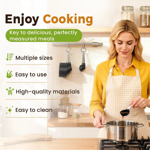 Woman using Measuring Cups And Spoons Set With Metric And US Measurements For Dry And Liquid 16 Piece Kitchen Tool Set Built To Handle Your Cooking Like A Pro Black
