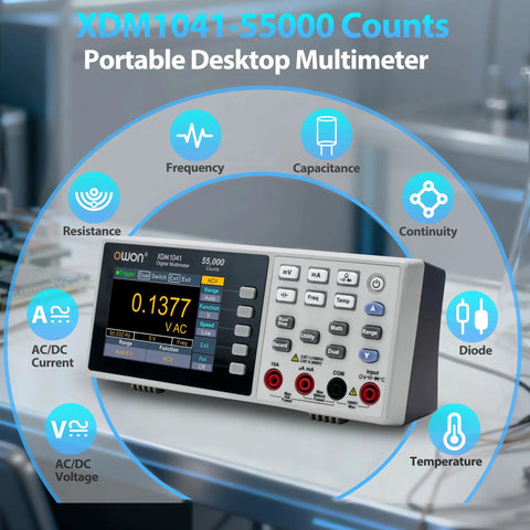 Front view of a desktop multimeter showing various measurement capabilities in a tech lab setting.