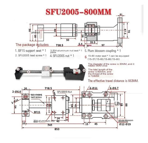 Ultra Low Backlash Ball Screw SFU2005 800mm Linear Drive For CNC Machines With Smooth Rolling Friction And Built To Last Robust Bearing Steel Construction For Precise Long Lasting Linear Motion technical drawing