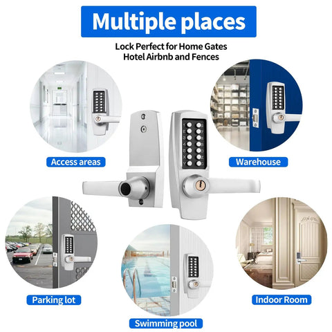Mechanical Push Button Lever Lock With 13 Digit Keypad for Keyless Entry in multiple places, 60mm backset, Satin Chrome Finish