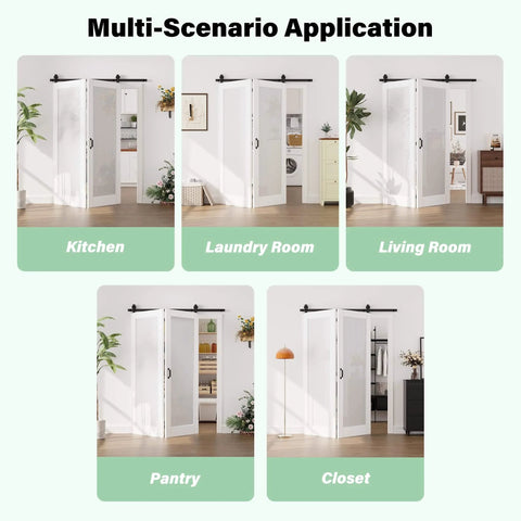Multi-scenario application of 60 By 96 Inch Preassembled Three Lite Frosted Glass Bifold Barn Door With 64 Inch Track Kit in various rooms