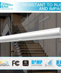 4ft LED Stairwell Light Fixture With Motion Sensor, 48 Inch Wall Mount, shown on stairs, durable and UL listed