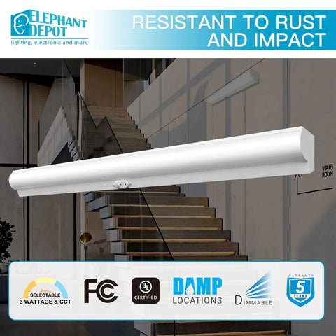 4ft LED Stairwell Light Fixture With Motion Sensor, 48 Inch Wall Mount, shown on stairs, durable and UL listed