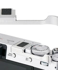 Deluxe Metal Thumb Up Grip For Fuji X100V X100F X-E4 X-E3 Cameras, mounted on Fuji camera, showing secure hot shoe fit