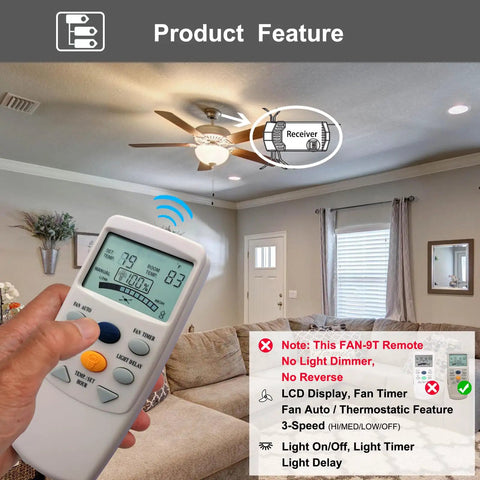 Thermostatic Ceiling Fan Remote Kit With LCD Temp Display, 3 Speed Control, Receiver And Timer in living room setting.