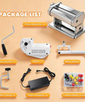 Package list for Pro Electric Polymer Clay Press Machine including motor, crank handle, table clamp, and 40 cutters set.