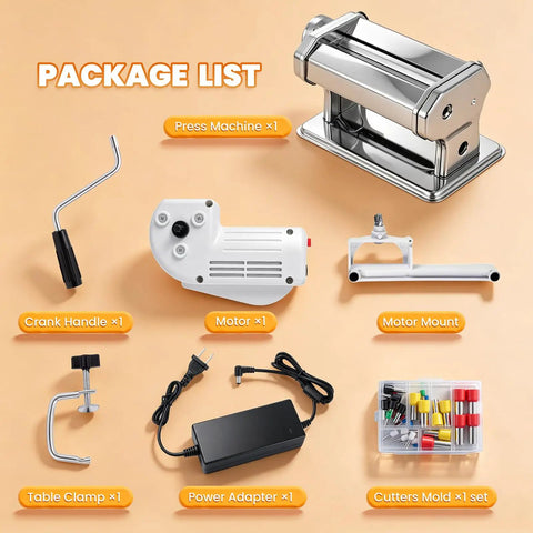 Package list for Pro Electric Polymer Clay Press Machine including motor, crank handle, table clamp, and 40 cutters set.