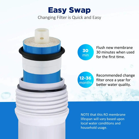 Close-up of 75 GPD Reverse Osmosis Membrane For Undersink Water Filtration System showing easy swap feature and maintenance guide.