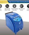 Industrial Steam Cleaner Drops Smokin Hot High Pressure Steam For Auto Shop Degreasing And Fleet Maintenance With Instant Heating And Kickin 13 Bar Force To Crush Stubborn Grease On Engines And Heavy Equipment 220V. Blue steam cleaning machine with control panel and wheels.