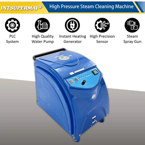 Industrial Steam Cleaner Drops Smokin Hot High Pressure Steam For Auto Shop Degreasing And Fleet Maintenance With Instant Heating And Kickin 13 Bar Force To Crush Stubborn Grease On Engines And Heavy Equipment 220V. Blue steam cleaning machine with control panel and wheels.