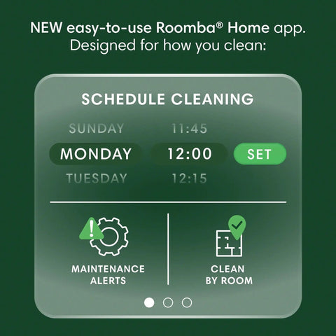 Image of app interface for scheduling cleaning with maintenance alerts and room-specific options.
