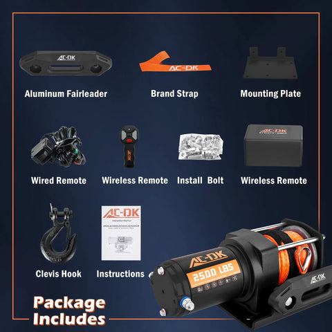 2500 Lb ATV UTV Winch Kit With Synthetic Rope 12V Electric Winch Wireless And Wired Remote Mounting Plate For Off Road Trailer Boat RV Towing Beefy Build For Real Off Road Toughness package includes fairlead, strap, remotes, hook, and hardware