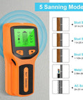 5 in 1 Wall Stud Finder Sensor with Backlit Display showing scanning modes with a bright green display and orange casing.