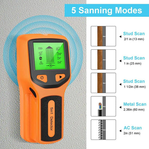 5 in 1 Wall Stud Finder Sensor with Backlit Display showing scanning modes with a bright green display and orange casing.