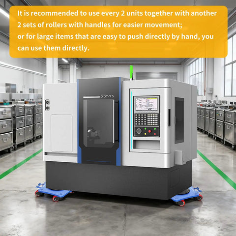 Amarite Heavy Duty Machine Skates 8800 Lb Capacity with integrated casting frame under lathe machine for smooth transportation.