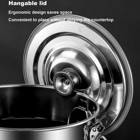 Close-up of heavy duty 304 stainless steel milk can and beverage dispenser lid, showcasing ergonomic design and hanging feature.