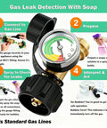 Propane Tank Gauge Gas Pressure Meter with QCC1 Type 1 Connection showing gas leak detection steps with soap
