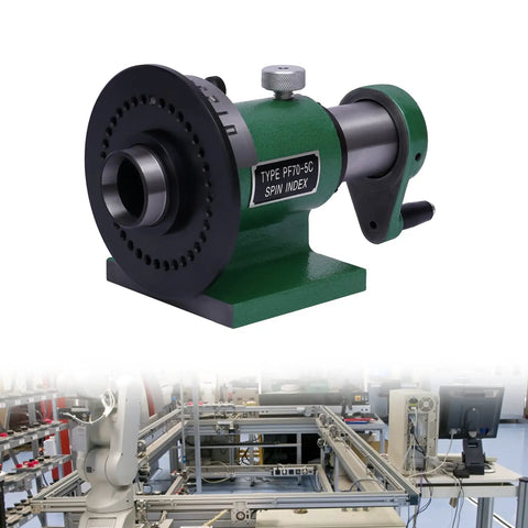 Knockout Precision 5C Spin Index Fixture Collet in green cast steel, designed for milling and drilling operations with precision.