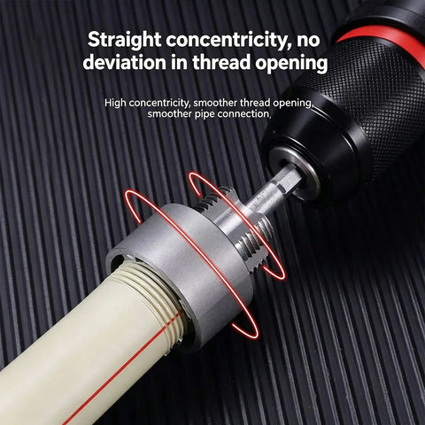 Heavy Duty Internal External Pipe Threader Die Set With Electric Drill Compatibility For 1/2 And 3/4 Inch Copper Stainless Steel Plumbing Jobs, showing tool attachment to pipe.