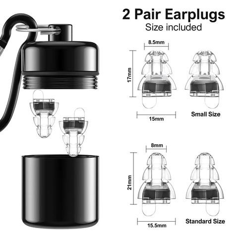 High Fidelity Concert Ear Plugs For Musicians And Fans With 24dB Noise Reduction And Advanced Filter Tech For Crystal Clear Music At Festivals Nightclubs DJs Drummers And Live Shows Two Pairs Black; image shows two sizes and a black case