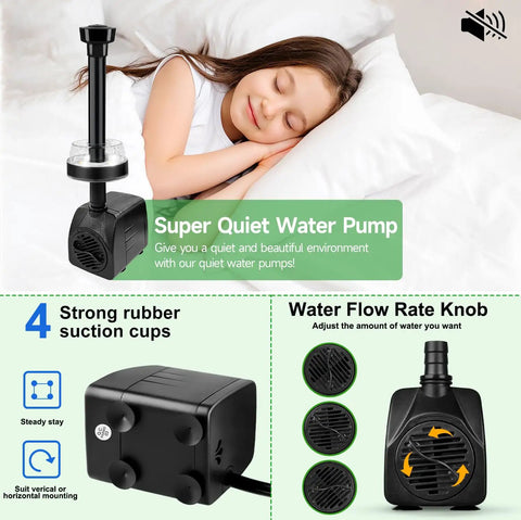 Submersible Pond Fountain Pump With Lit LED Lights, 15W 800 Liters Per Hour Flow, Ultra Quiet for Small Ponds and Aquariums