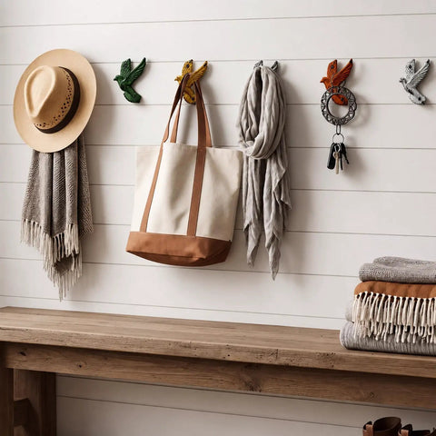 Set Of Six Slick Flying Bird Cast Iron Wall Hooks Featuring Hella Distressed Rustic Finish Decorative Mounted Hanging Hardware Perfect For Home Entryway Upgrades And Cozy Vintage Vibes displaying bags and scarves.