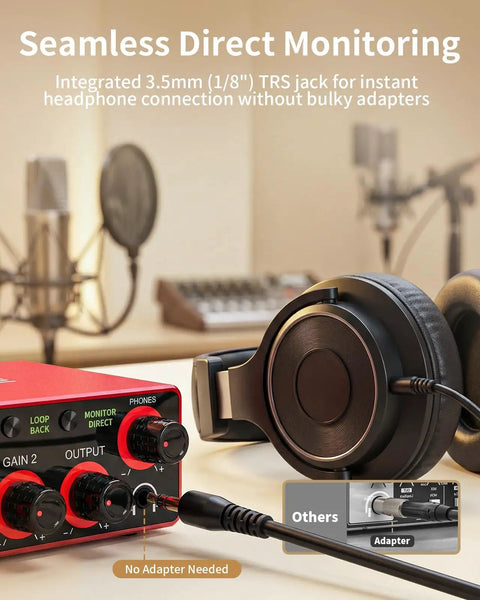 2x2 24 Bit 192 KHz Audio Interface With XLR And TRS Combo Input Monitor Mix And Loopback USB C Plug And Play One Cable Setup For PC Mac And IOS Recording Alloy Red Finish showing direct monitoring headphones connected.