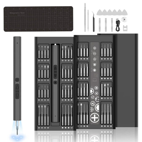 82 In 1 Precision Electric Screwdriver Set, Rechargeable Cordless Tool Kit With LED Lights, Magnetic 64 Bit Kit displayed