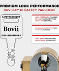 Diagram highlighting premium lock details of Boviisky 10 safety padlocks with anti-corrosion technology and key specifications.