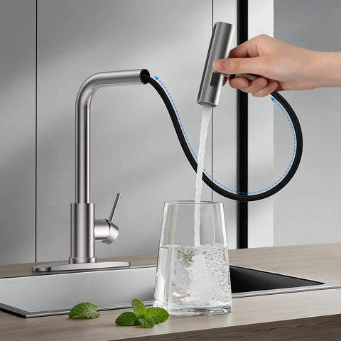 Big Time Upgrade Pull Down Kitchen Sink Faucet Featuring Four High Pressure Spray Modes In Durable Brushed Nickel and Reliable Waterfall Flow filling a glass.