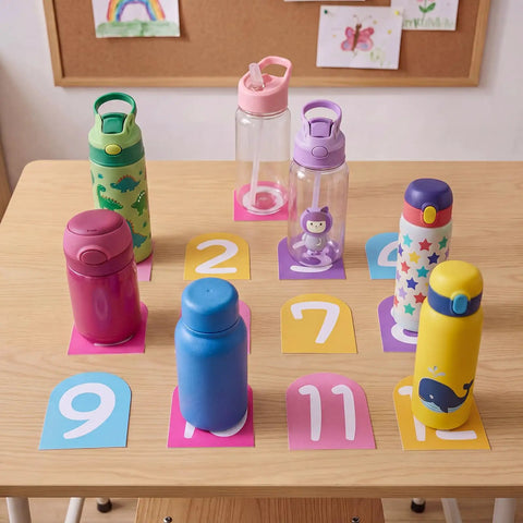 Colorful water bottles on sign stickers for Hydration Station Cart For Classrooms And Offices, 3-tier plastic trolley with handle