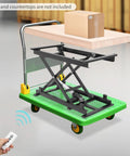 Heavy Duty Electric Scissor Lift Table Featuring Rock Solid Hydraulics And Straight Up Height Adjustability From 7.8 To 26.7 Inches For No Sweat Garage Projects with remote.