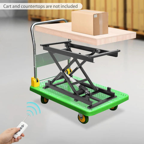 Heavy Duty Electric Scissor Lift Table Featuring Rock Solid Hydraulics And Straight Up Height Adjustability From 7.8 To 26.7 Inches For No Sweat Garage Projects with remote.