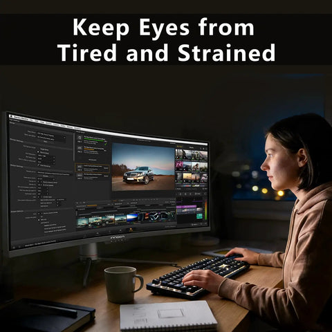 Person using UltraWide 49 Inch Curved Monitor With 32 By 9 Aspect And 1800R Radius 3840x1080 144Hz HDR400 for workflow and gaming