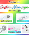 XOXO Neon LED Light Sign Night Light USB Operated Marquee Decoration package contents with USB, dimmer, and chain.