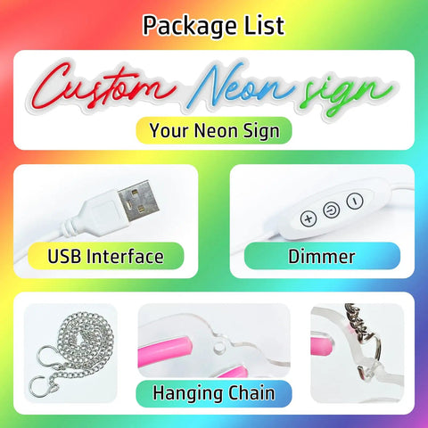 XOXO Neon LED Light Sign Night Light USB Operated Marquee Decoration package contents with USB, dimmer, and chain.