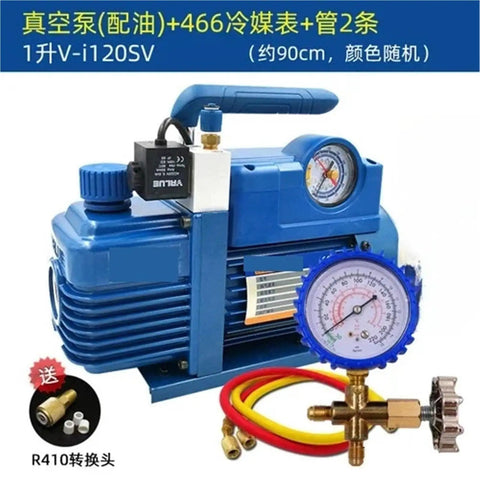 V-i120SV 1 L Single Stage Vacuum Pump For Car Air Conditioning R410A with gauge and hoses, blue color
