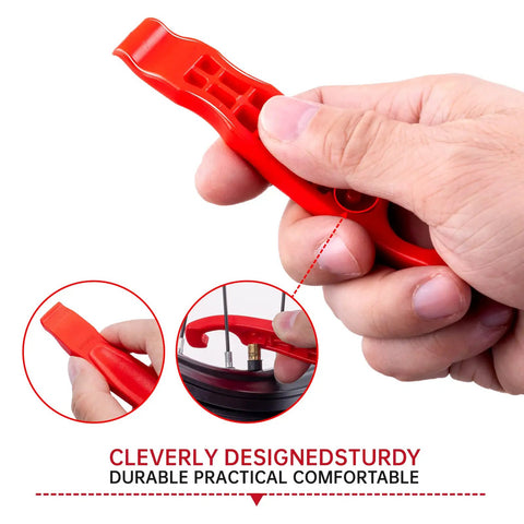 Close-up of hand holding a red Three Pack Bicycle Tire Levers For Road And Mountain Bikes Heavy Duty Self Lubricating Plastic Rim Safe Levers