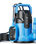Blue Half HP Sump Pump With 4900 GPH High Flow For Clean And Dirty Water Portable Thermoplastic Electric Pump. Front view.