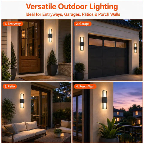 Modern Outdoor Wall Sconce 2 Pack, Up Down LED Light, 3000K, Hardwired installed in entryway and garage.