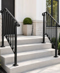 Rock Solid Two Tier Handrail For Patio Stairs And Deck Entries Matte Black Galvanized Steel Railing System on concrete steps.
