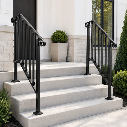 Rock Solid Two Tier Handrail For Patio Stairs And Deck Entries Matte Black Galvanized Steel Railing System on concrete steps.