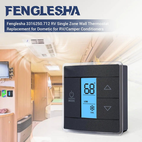 RV Single Zone Wall Thermostat With Capacitive Touch Sensor for Dometic ACs showcasing blue backlit LCD in RV interior.