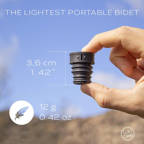 Hand holding Ultra Lightweight Portable Bidet For Toilet Use On The Go Perfect For Travel Hiking And Camping Works With Any Bottle Only 12g Sprayer