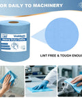 Tough As Nails Heavy Duty Cleaning Cloths Blue Lint Free Industrial Wipes Super Absorbent Shop Towels For Auto Degreasing Lab Equipment And Cleanroom Tasks 15X10 Inch 500 Pack in a roll, showing use in cleaning machinery.