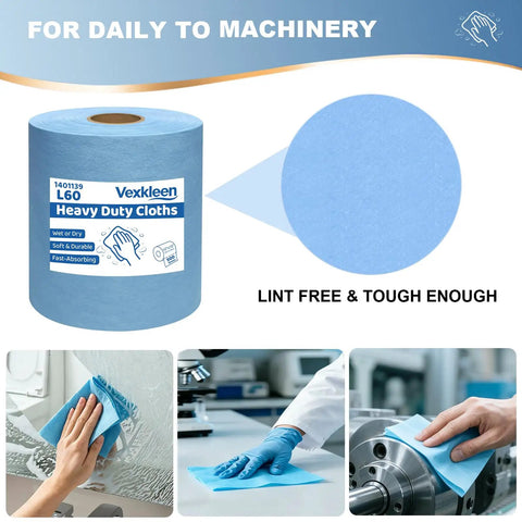 Tough As Nails Heavy Duty Cleaning Cloths Blue Lint Free Industrial Wipes Super Absorbent Shop Towels For Auto Degreasing Lab Equipment And Cleanroom Tasks 15X10 Inch 500 Pack in a roll, showing use in cleaning machinery.